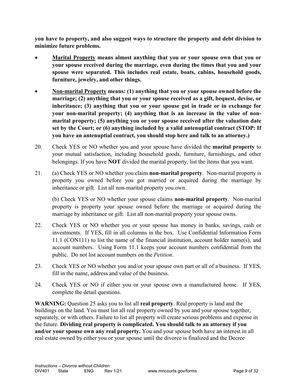 Form DIV401 Instructions for Dissolution of Marriage Without Children - Minnesota, Page 9