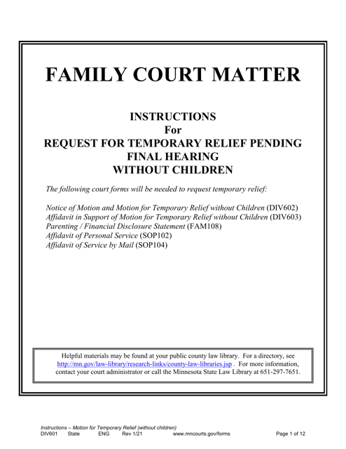 Form DIV601 Instructions for Request for Temporary Relief Pending Final Hearing Without Children - Minnesota