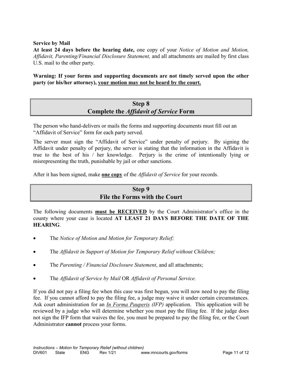 Form DIV601 Instructions for Request for Temporary Relief Pending Final Hearing Without Children - Minnesota, Page 11
