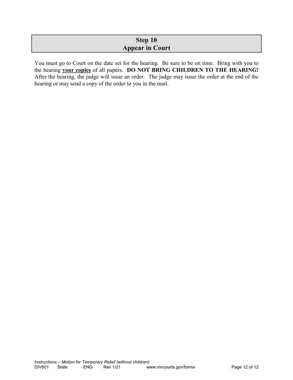 Form DIV601 Instructions for Request for Temporary Relief Pending Final Hearing Without Children - Minnesota, Page 12