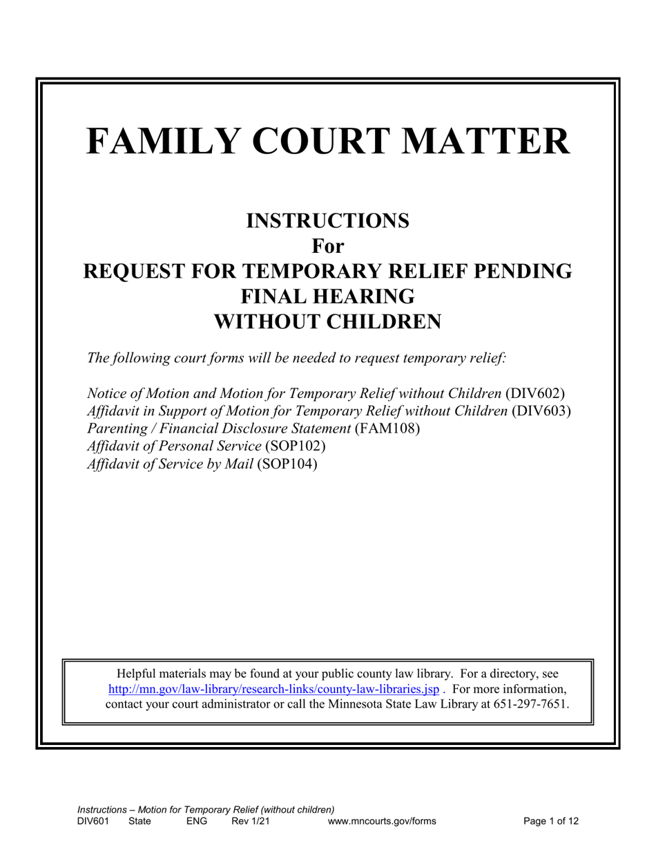 Form DIV601 Instructions for Request for Temporary Relief Pending Final Hearing Without Children - Minnesota, Page 1
