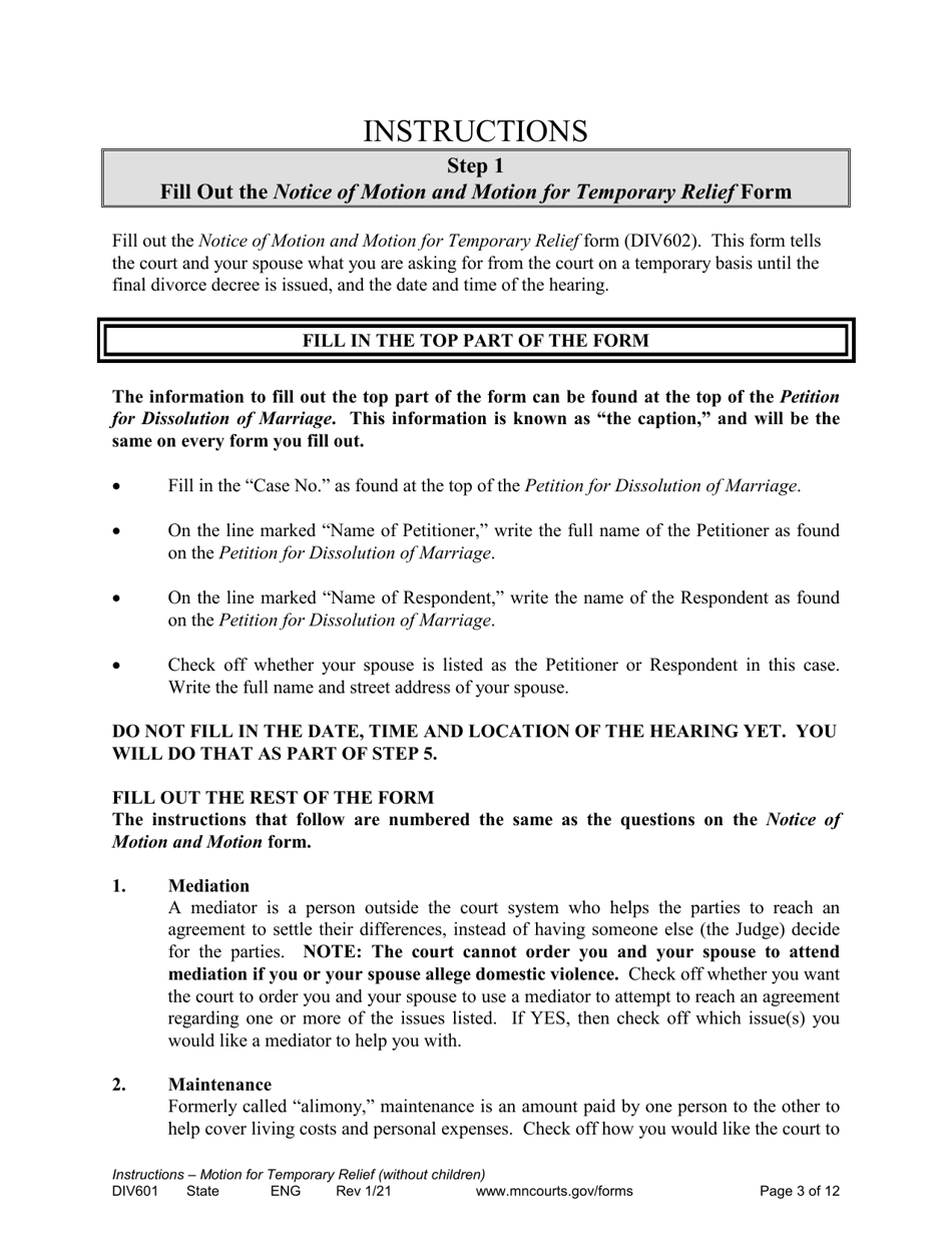 Form DIV601 Instructions for Request for Temporary Relief Pending Final Hearing Without Children - Minnesota, Page 3