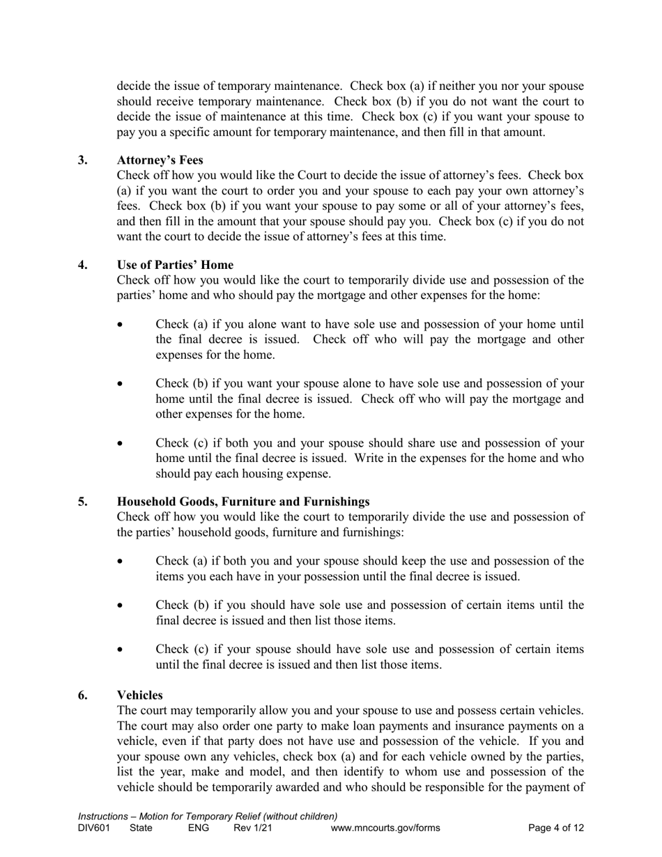 Form DIV601 Instructions for Request for Temporary Relief Pending Final Hearing Without Children - Minnesota, Page 4