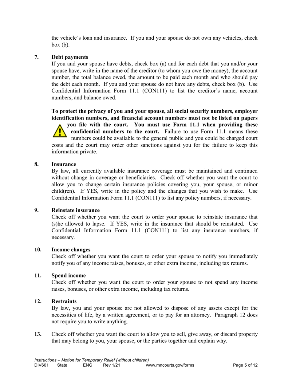 Form DIV601 Instructions for Request for Temporary Relief Pending Final Hearing Without Children - Minnesota, Page 5