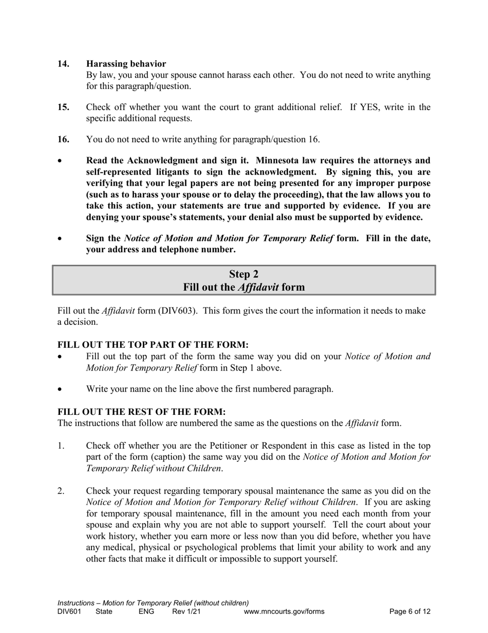 Form DIV601 Instructions for Request for Temporary Relief Pending Final Hearing Without Children - Minnesota, Page 6