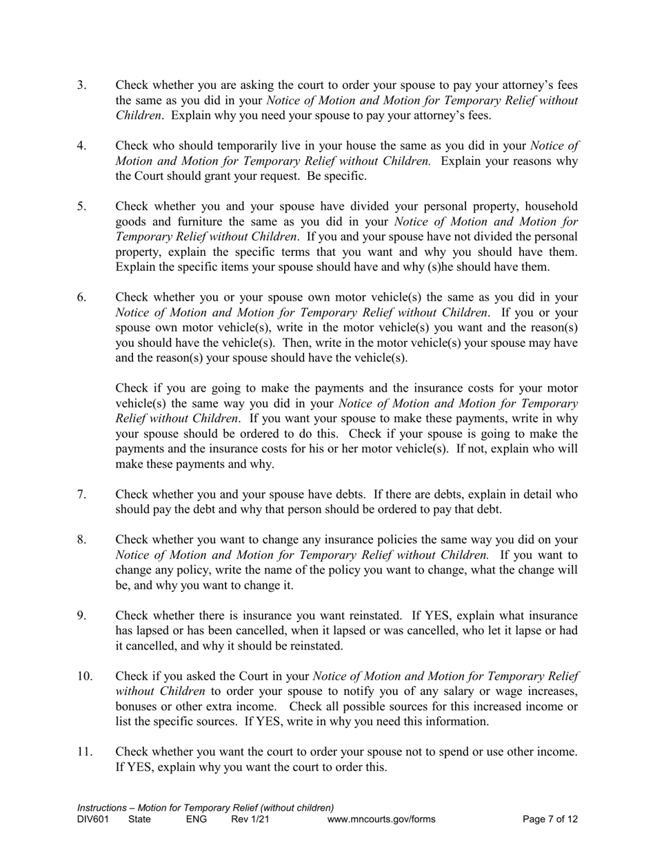 Form DIV601 Instructions for Request for Temporary Relief Pending Final Hearing Without Children - Minnesota, Page 7