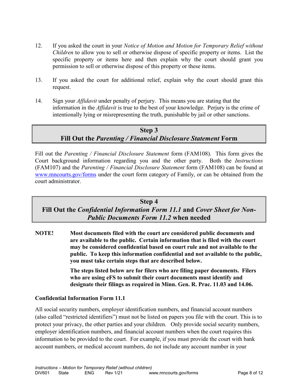 Form DIV601 Instructions for Request for Temporary Relief Pending Final Hearing Without Children - Minnesota, Page 8