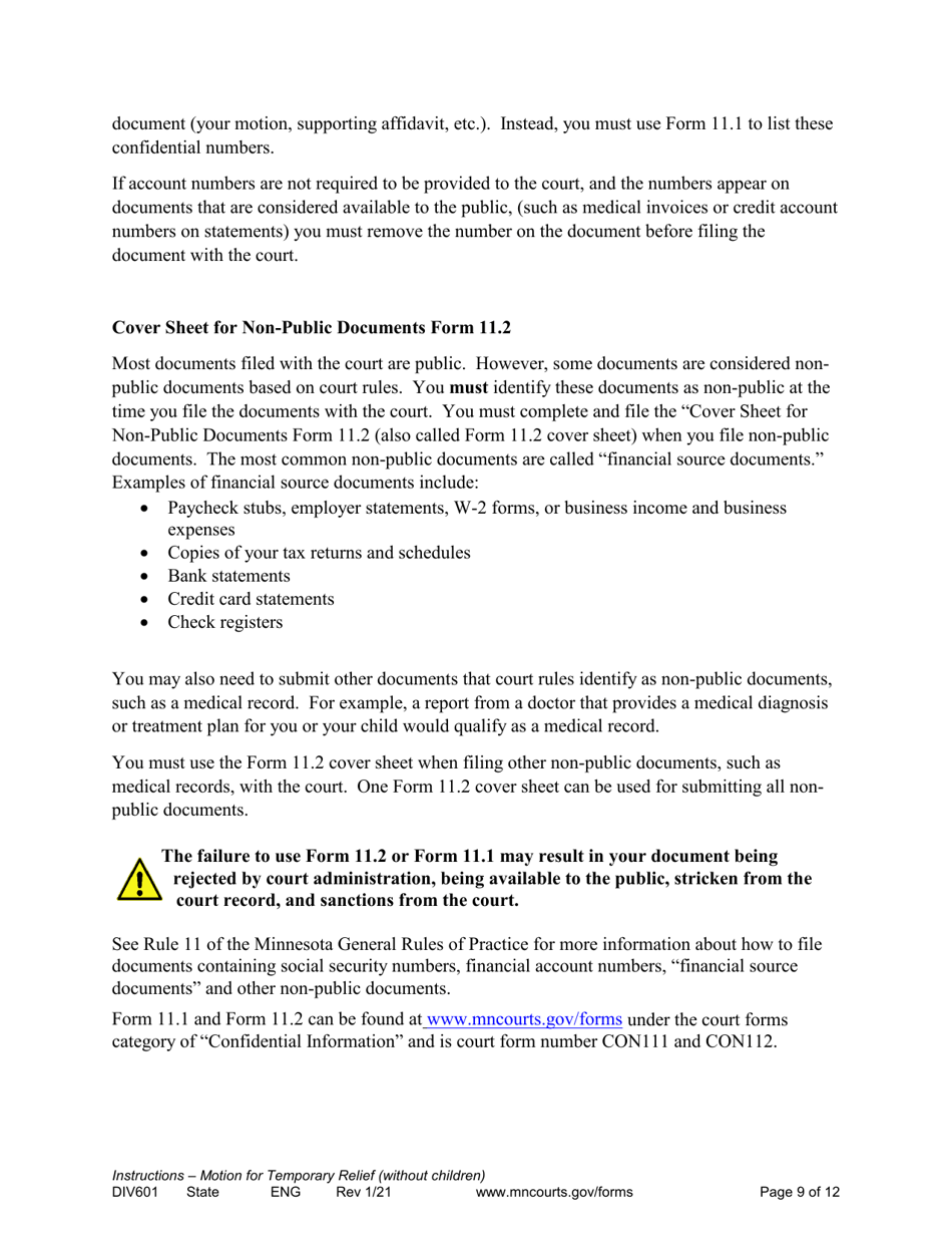 Form DIV601 Instructions for Request for Temporary Relief Pending Final Hearing Without Children - Minnesota, Page 9
