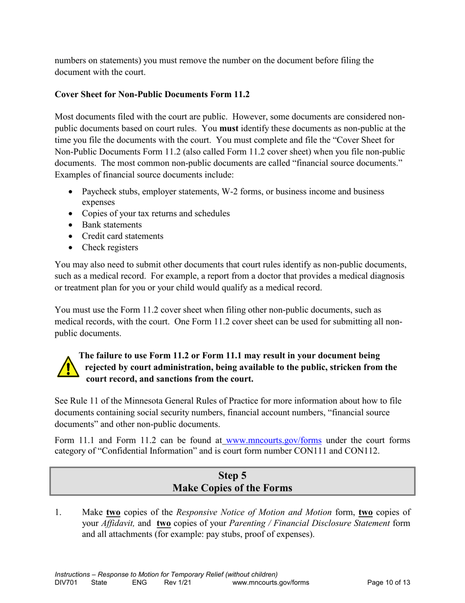 Form DIV701 Response to Request for Temporary Relief Pending Final Hearing Without Children - Minnesota, Page 10