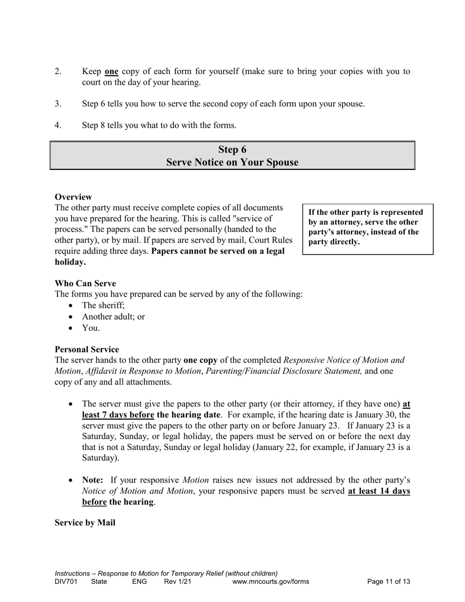 Form DIV701 Response to Request for Temporary Relief Pending Final Hearing Without Children - Minnesota, Page 11