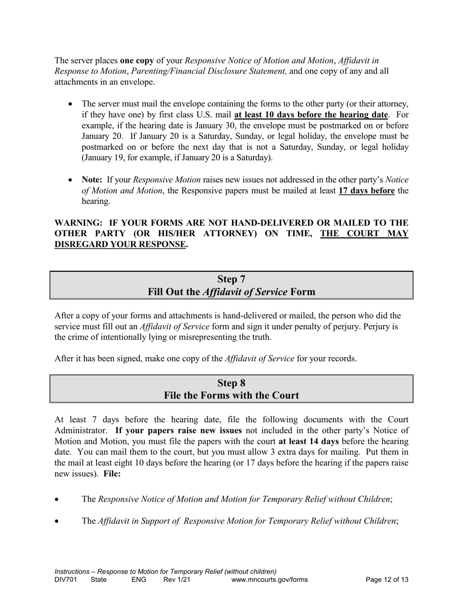 Form DIV701 Response to Request for Temporary Relief Pending Final Hearing Without Children - Minnesota, Page 12