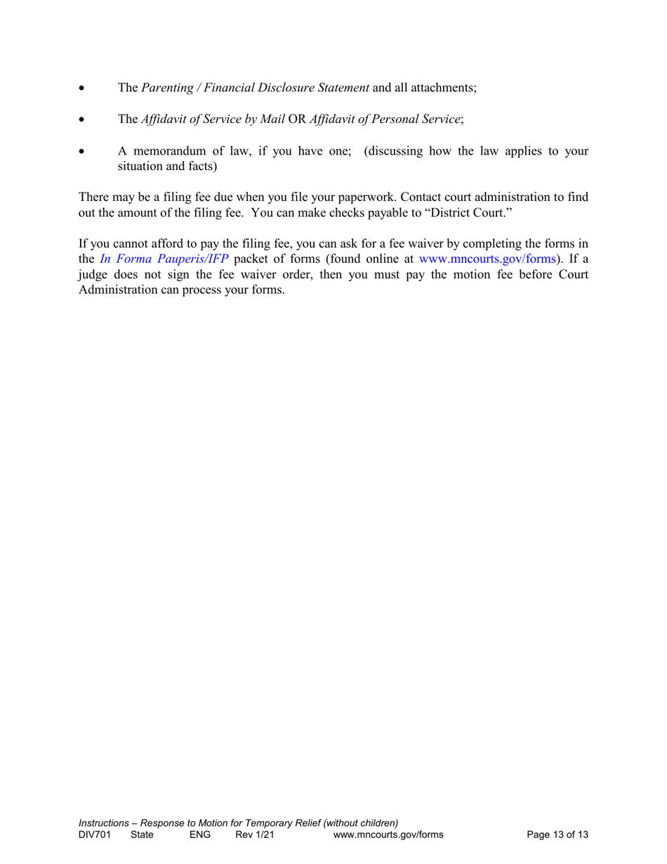 Form DIV701 Response to Request for Temporary Relief Pending Final Hearing Without Children - Minnesota, Page 13