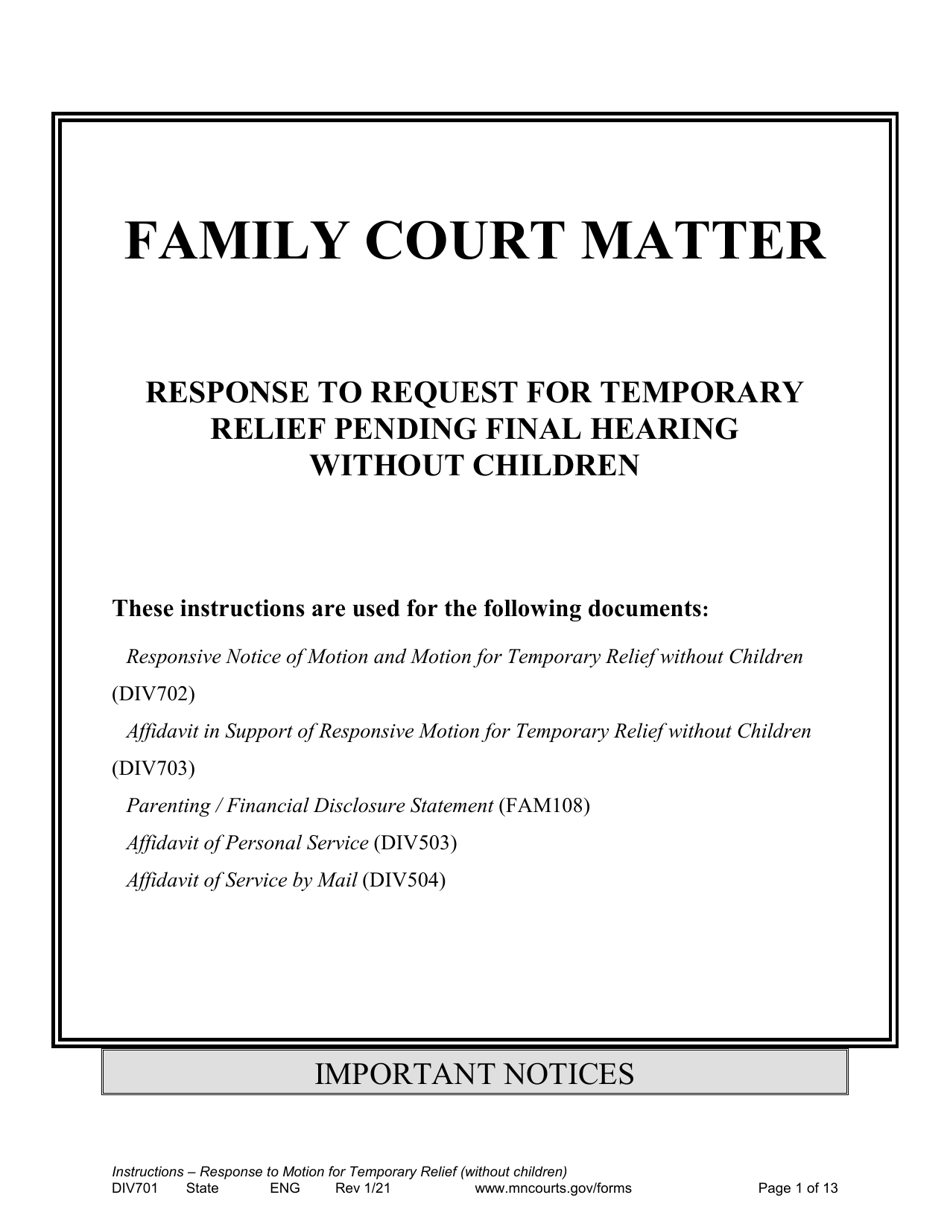 Form DIV701 Response to Request for Temporary Relief Pending Final Hearing Without Children - Minnesota, Page 1