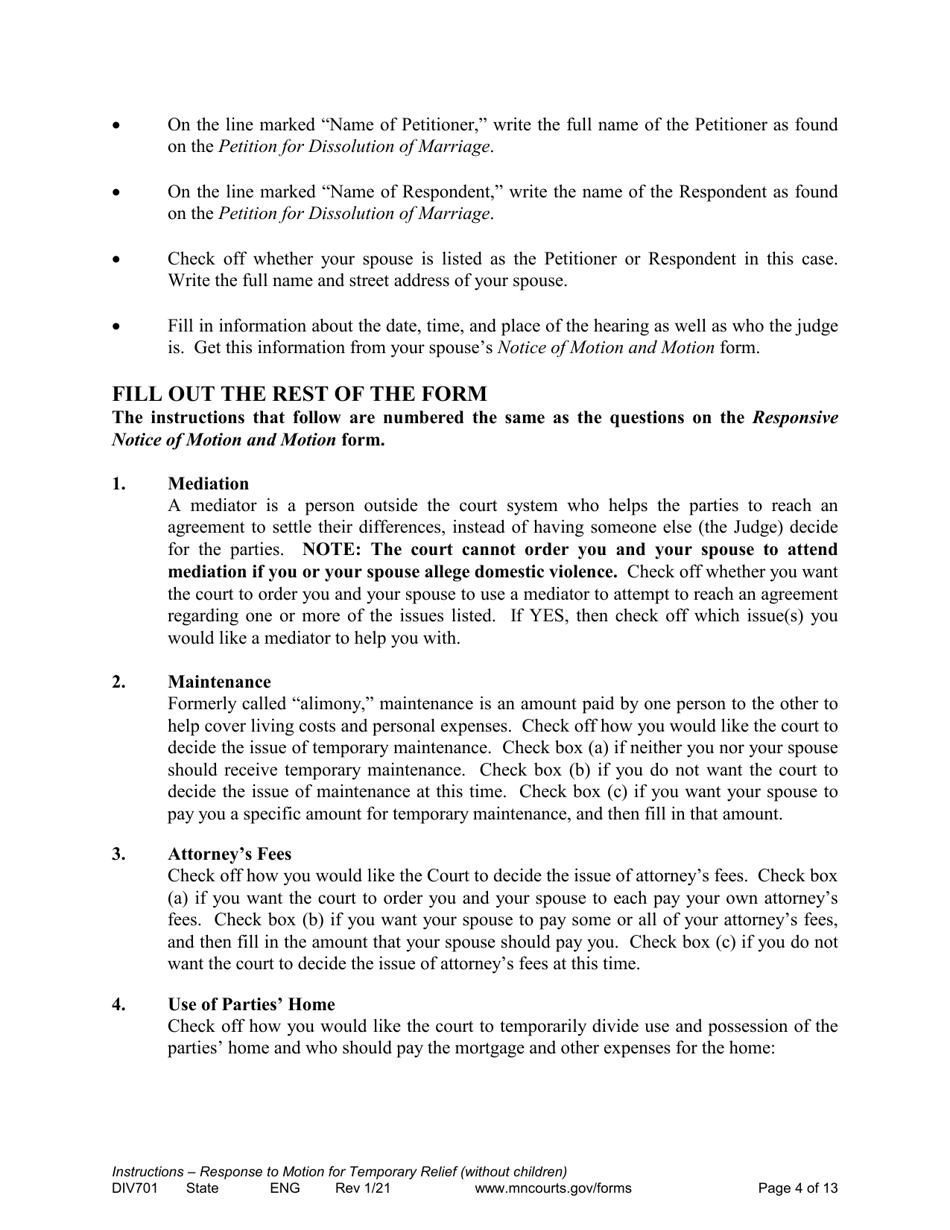 Form DIV701 Response to Request for Temporary Relief Pending Final Hearing Without Children - Minnesota, Page 4