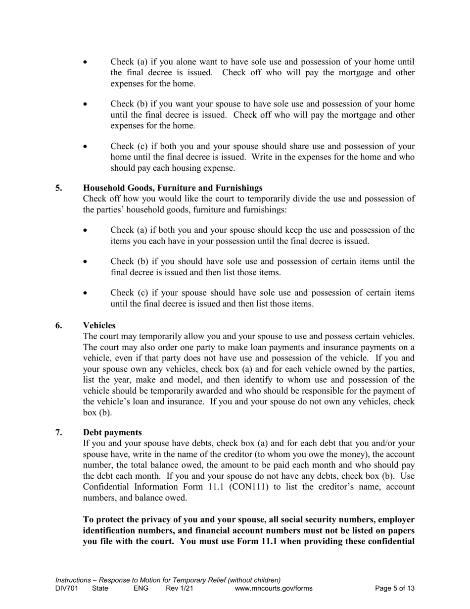 Form DIV701 Response to Request for Temporary Relief Pending Final Hearing Without Children - Minnesota, Page 5