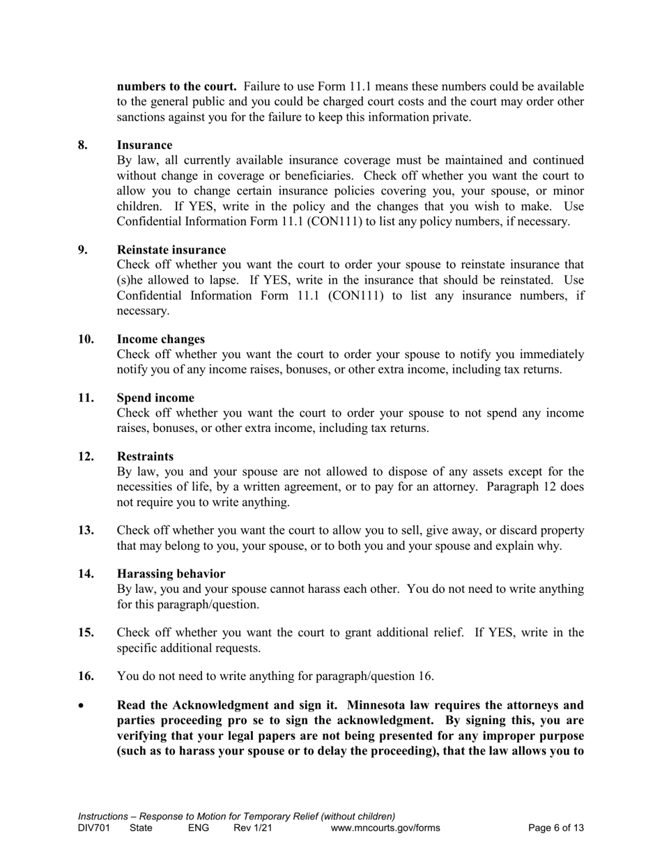 Form DIV701 Response to Request for Temporary Relief Pending Final Hearing Without Children - Minnesota, Page 6