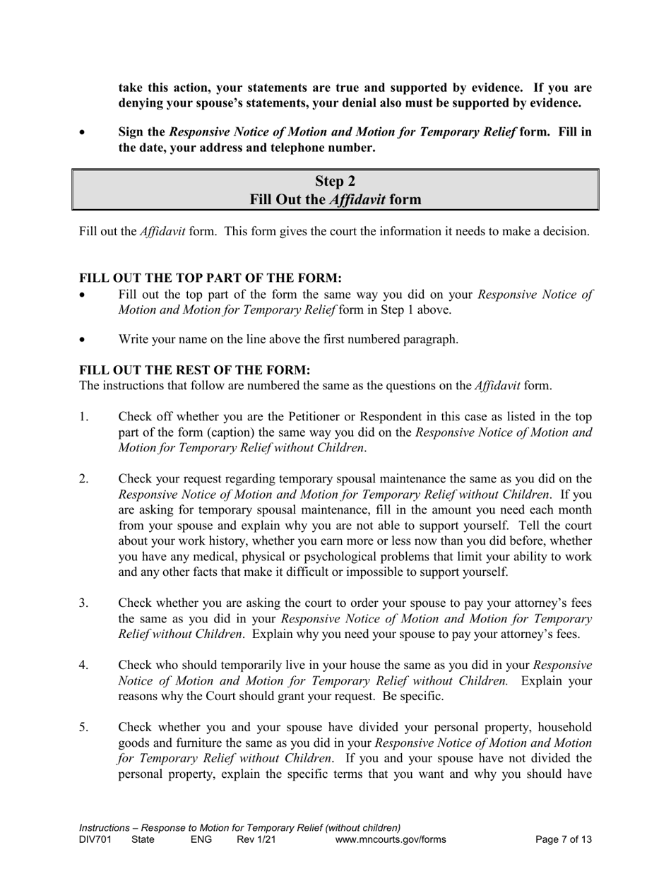 Form DIV701 Response to Request for Temporary Relief Pending Final Hearing Without Children - Minnesota, Page 7