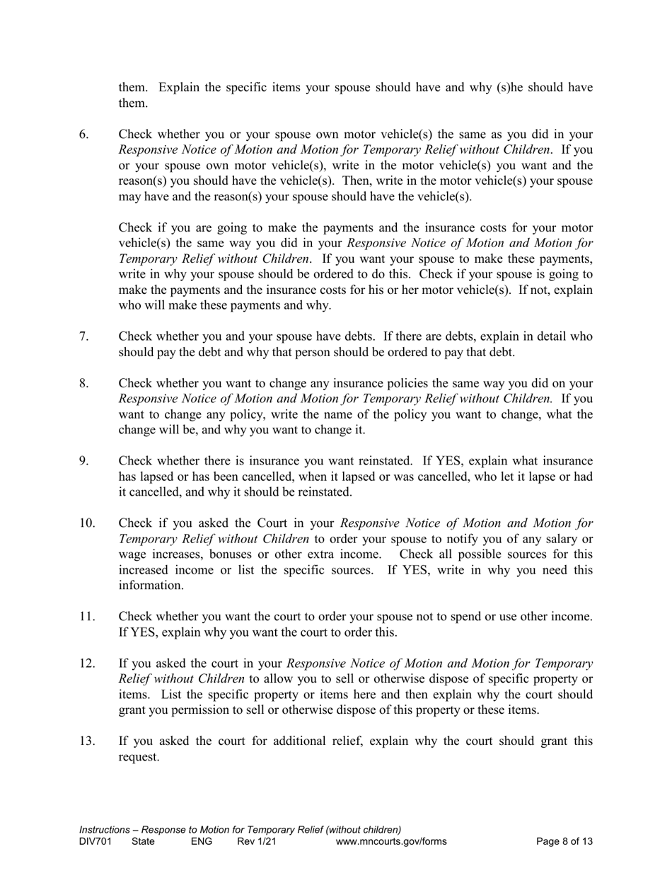 Form DIV701 Response to Request for Temporary Relief Pending Final Hearing Without Children - Minnesota, Page 8