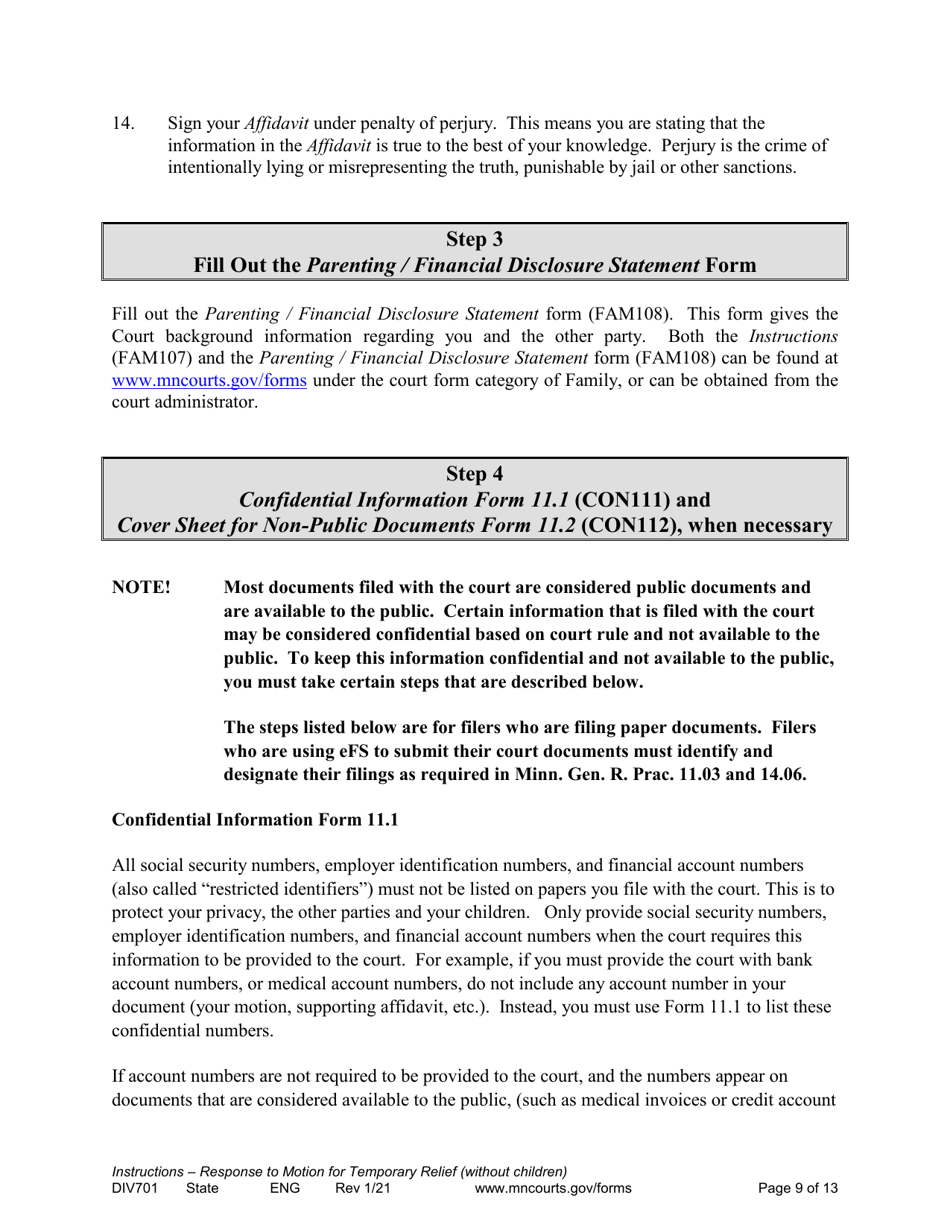 Form DIV701 Response to Request for Temporary Relief Pending Final Hearing Without Children - Minnesota, Page 9