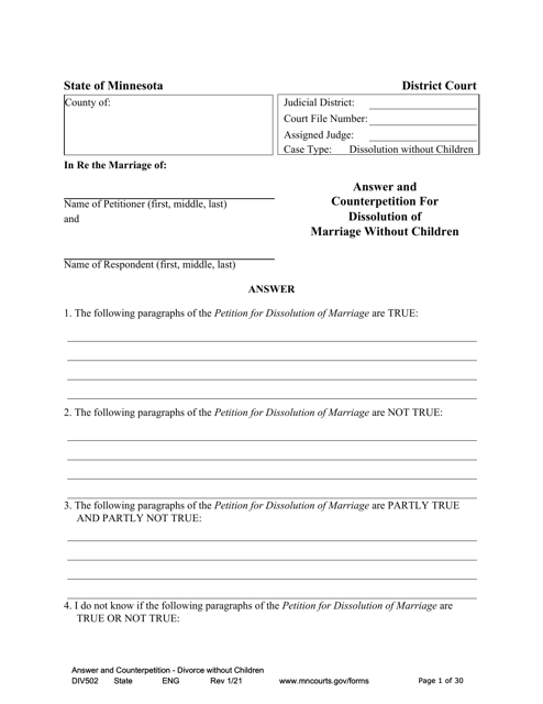 Form DIV502 Answer and Counterpetition for Dissolution of Marriage Without Children - Minnesota