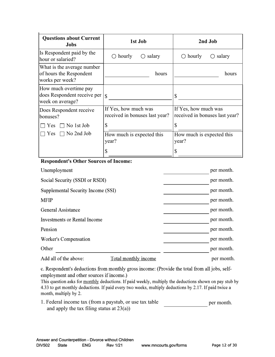 Form DIV502 Answer and Counterpetition for Dissolution of Marriage Without Children - Minnesota, Page 12