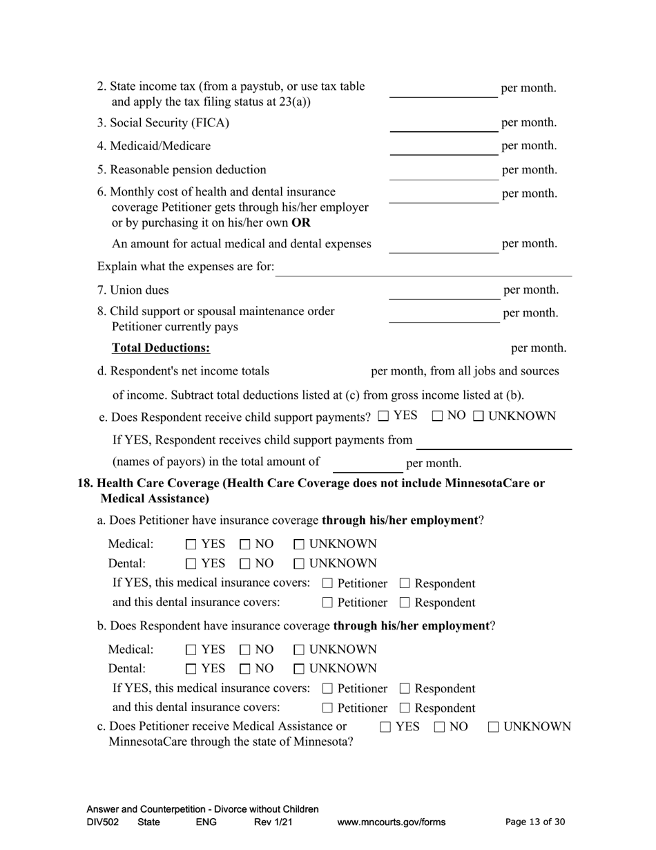 Form DIV502 Answer and Counterpetition for Dissolution of Marriage Without Children - Minnesota, Page 13