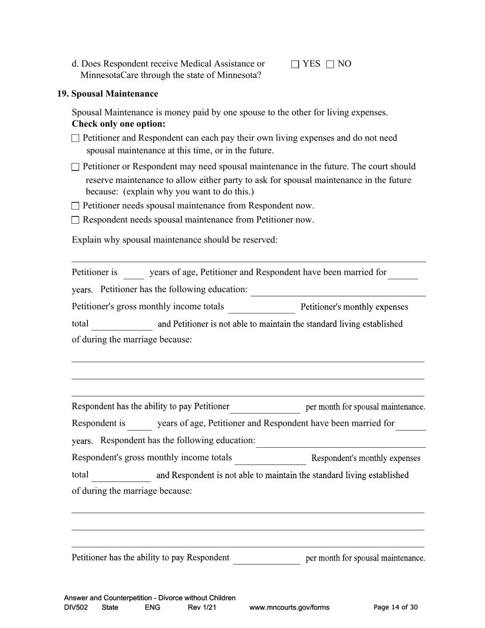 Form DIV502 Answer and Counterpetition for Dissolution of Marriage Without Children - Minnesota, Page 14