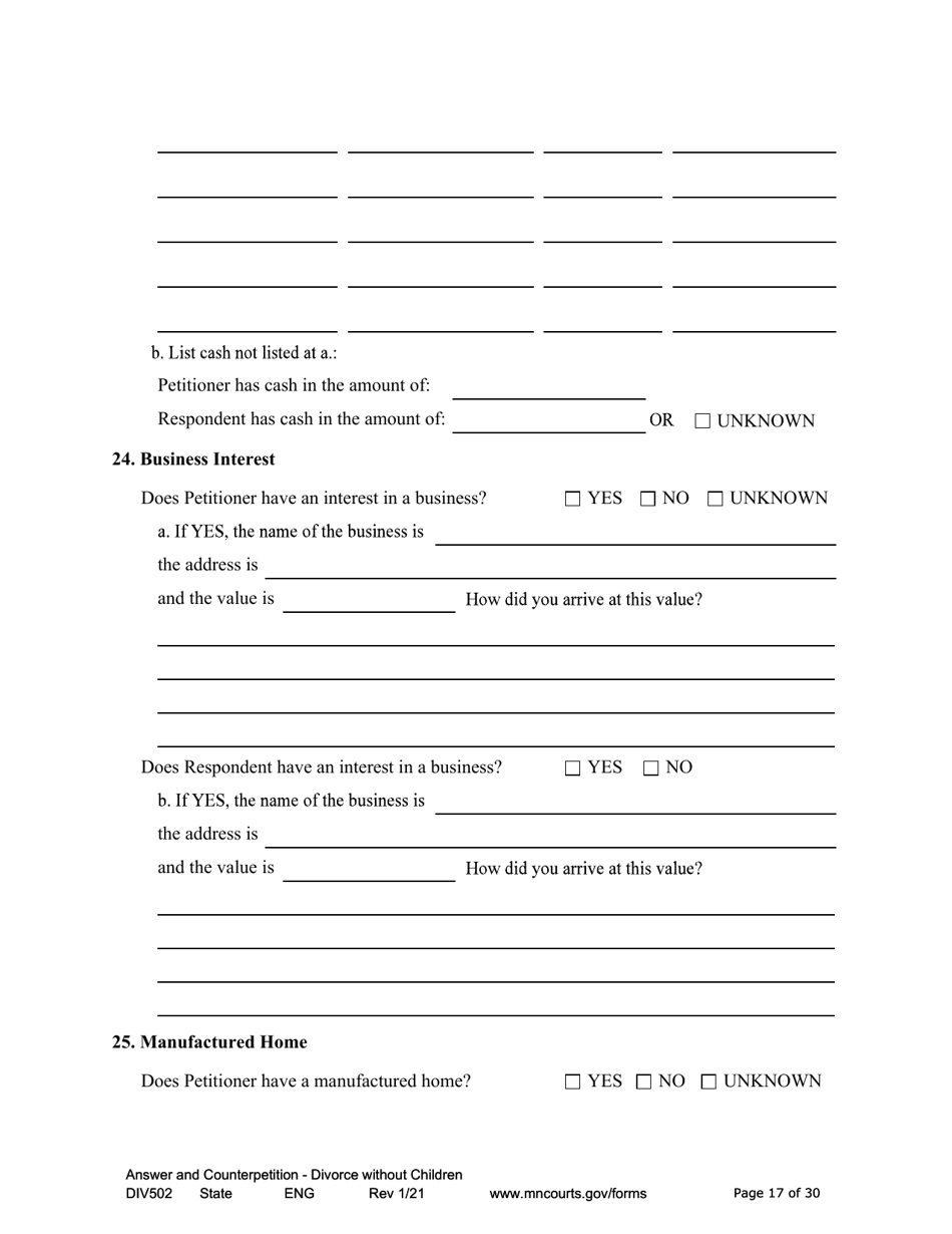 Form DIV502 Answer and Counterpetition for Dissolution of Marriage Without Children - Minnesota, Page 17