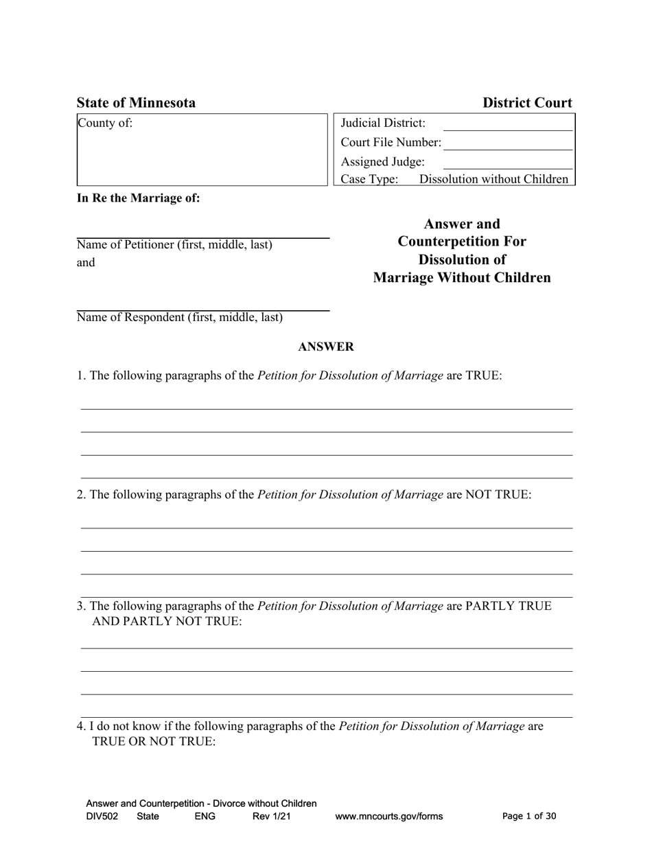 Form DIV502 Answer and Counterpetition for Dissolution of Marriage Without Children - Minnesota, Page 1