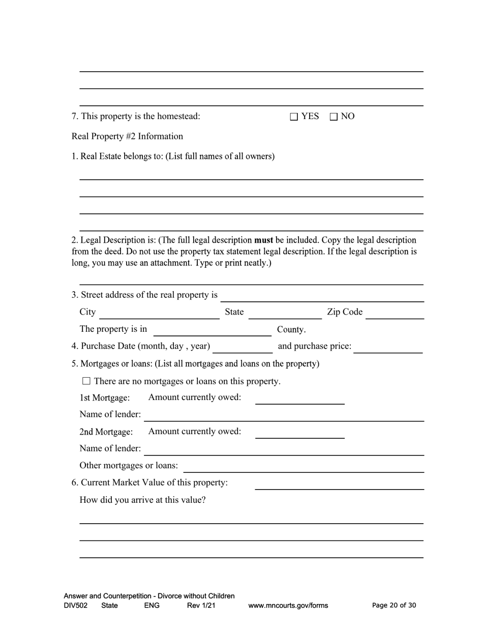 Form DIV502 Answer and Counterpetition for Dissolution of Marriage Without Children - Minnesota, Page 20