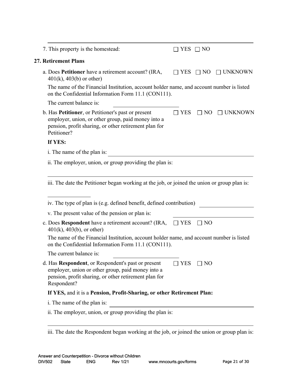 Form DIV502 Answer and Counterpetition for Dissolution of Marriage Without Children - Minnesota, Page 21
