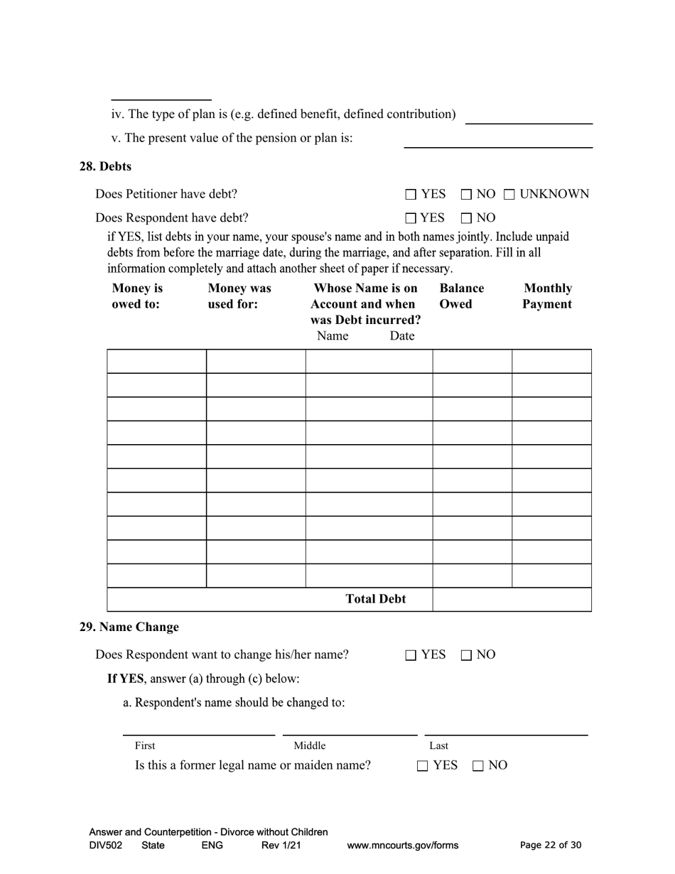 Form DIV502 Answer and Counterpetition for Dissolution of Marriage Without Children - Minnesota, Page 22