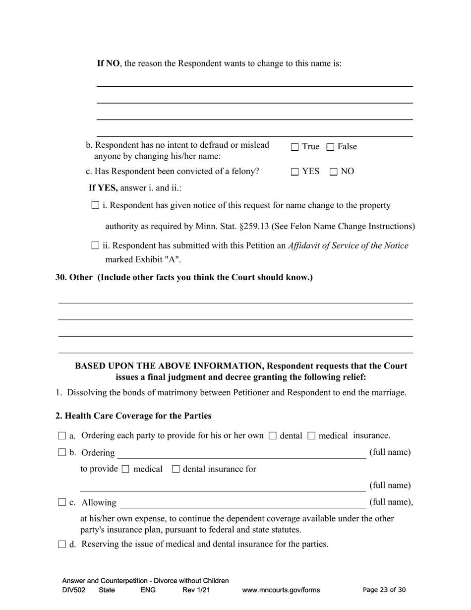 Form DIV502 Answer and Counterpetition for Dissolution of Marriage Without Children - Minnesota, Page 23