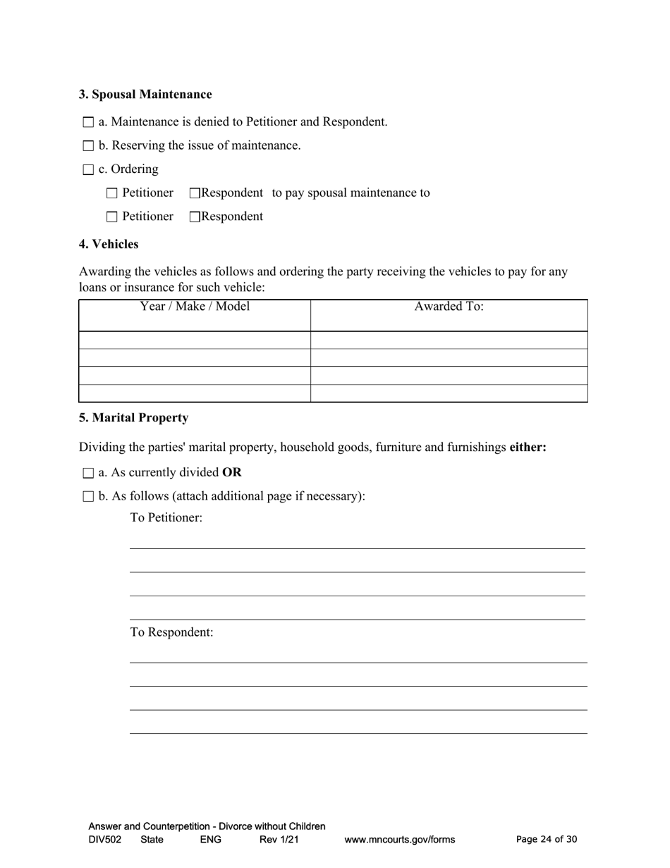 Form DIV502 Answer and Counterpetition for Dissolution of Marriage Without Children - Minnesota, Page 24