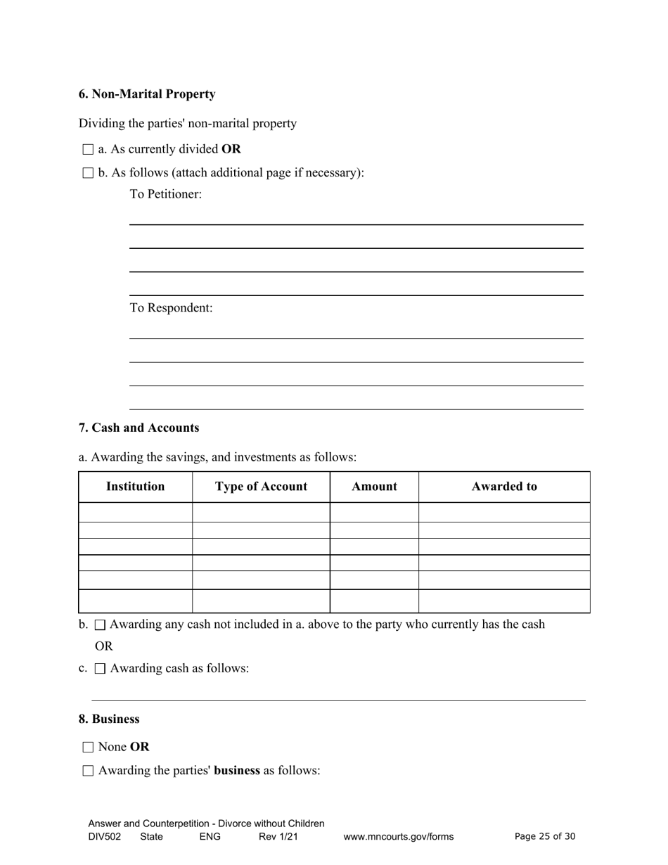 Form DIV502 Answer and Counterpetition for Dissolution of Marriage Without Children - Minnesota, Page 25