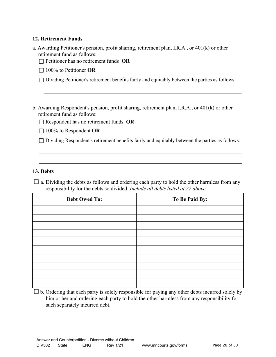 Form DIV502 Answer and Counterpetition for Dissolution of Marriage Without Children - Minnesota, Page 28