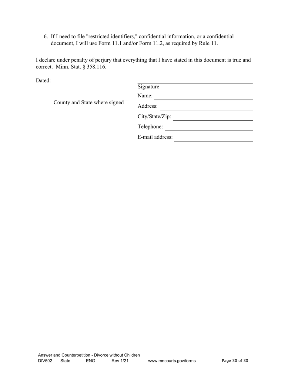 Form DIV502 Answer and Counterpetition for Dissolution of Marriage Without Children - Minnesota, Page 30
