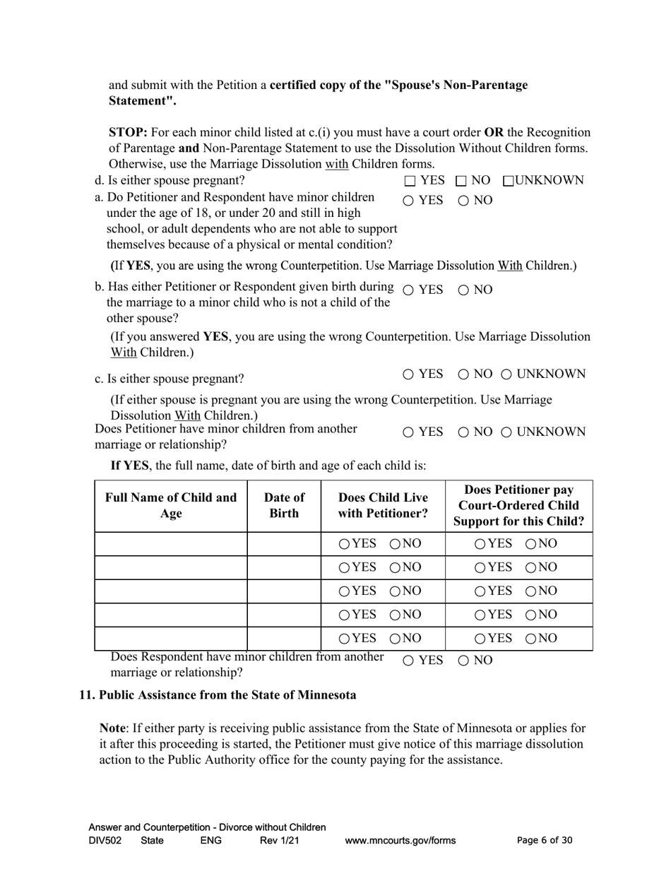 Form DIV502 Answer and Counterpetition for Dissolution of Marriage Without Children - Minnesota, Page 6