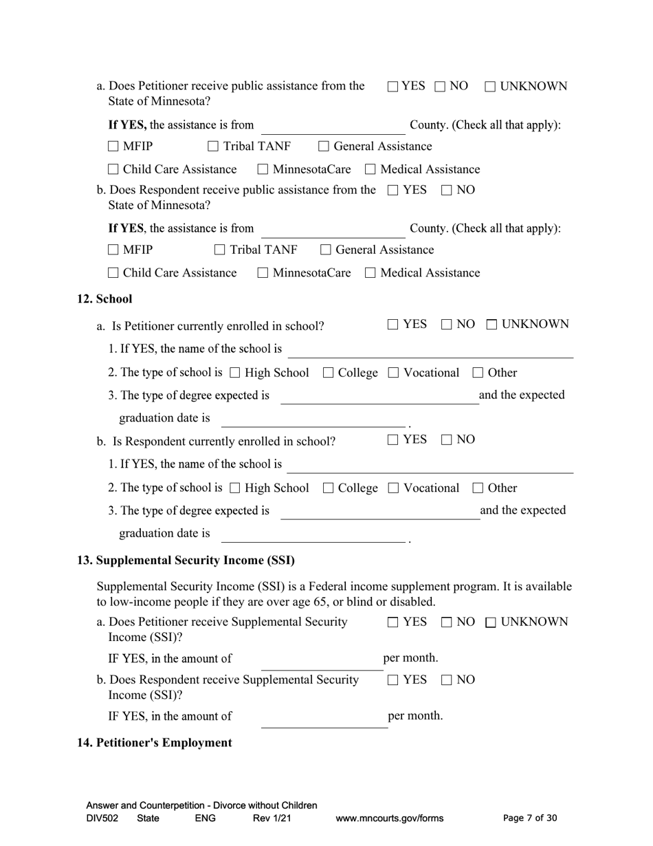 Form DIV502 Answer and Counterpetition for Dissolution of Marriage Without Children - Minnesota, Page 7