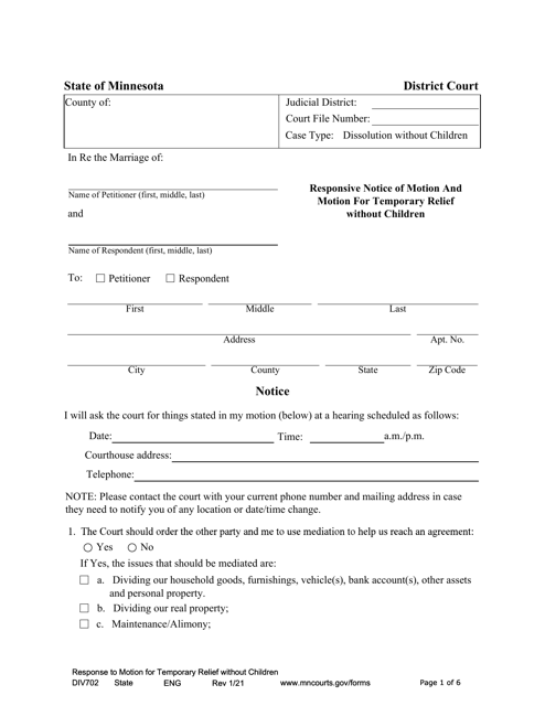 Form DIV702 Responsive Notice of Motion and Motion for Temporary Relief Without Children - Minnesota