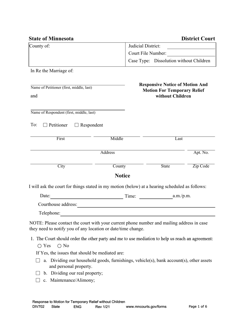 Form DIV702 Responsive Notice of Motion and Motion for Temporary Relief Without Children - Minnesota, Page 1