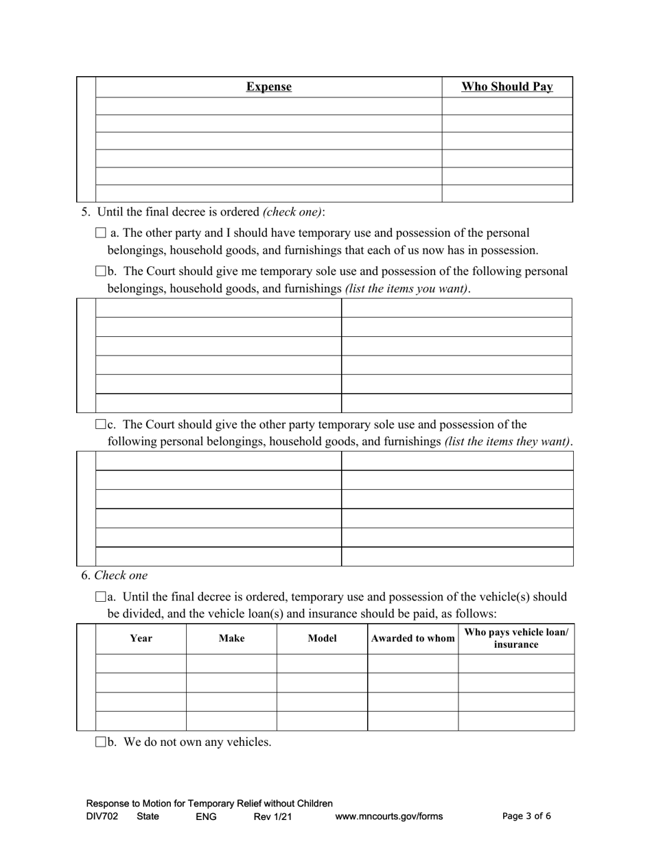 Form DIV702 Responsive Notice of Motion and Motion for Temporary Relief Without Children - Minnesota, Page 3