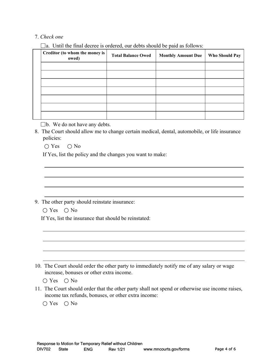 Form DIV702 Responsive Notice of Motion and Motion for Temporary Relief Without Children - Minnesota, Page 4