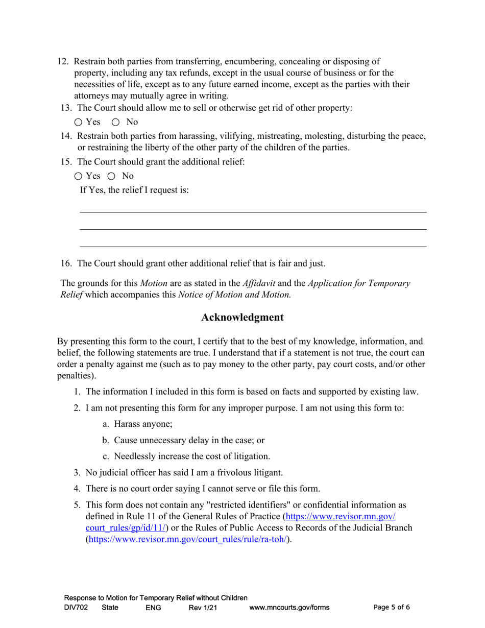 Form DIV702 Responsive Notice of Motion and Motion for Temporary Relief Without Children - Minnesota, Page 5