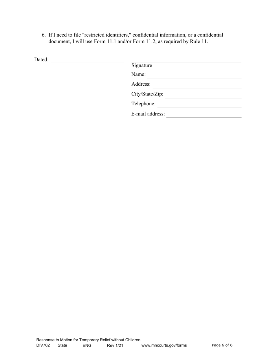 Form DIV702 Responsive Notice of Motion and Motion for Temporary Relief Without Children - Minnesota, Page 6