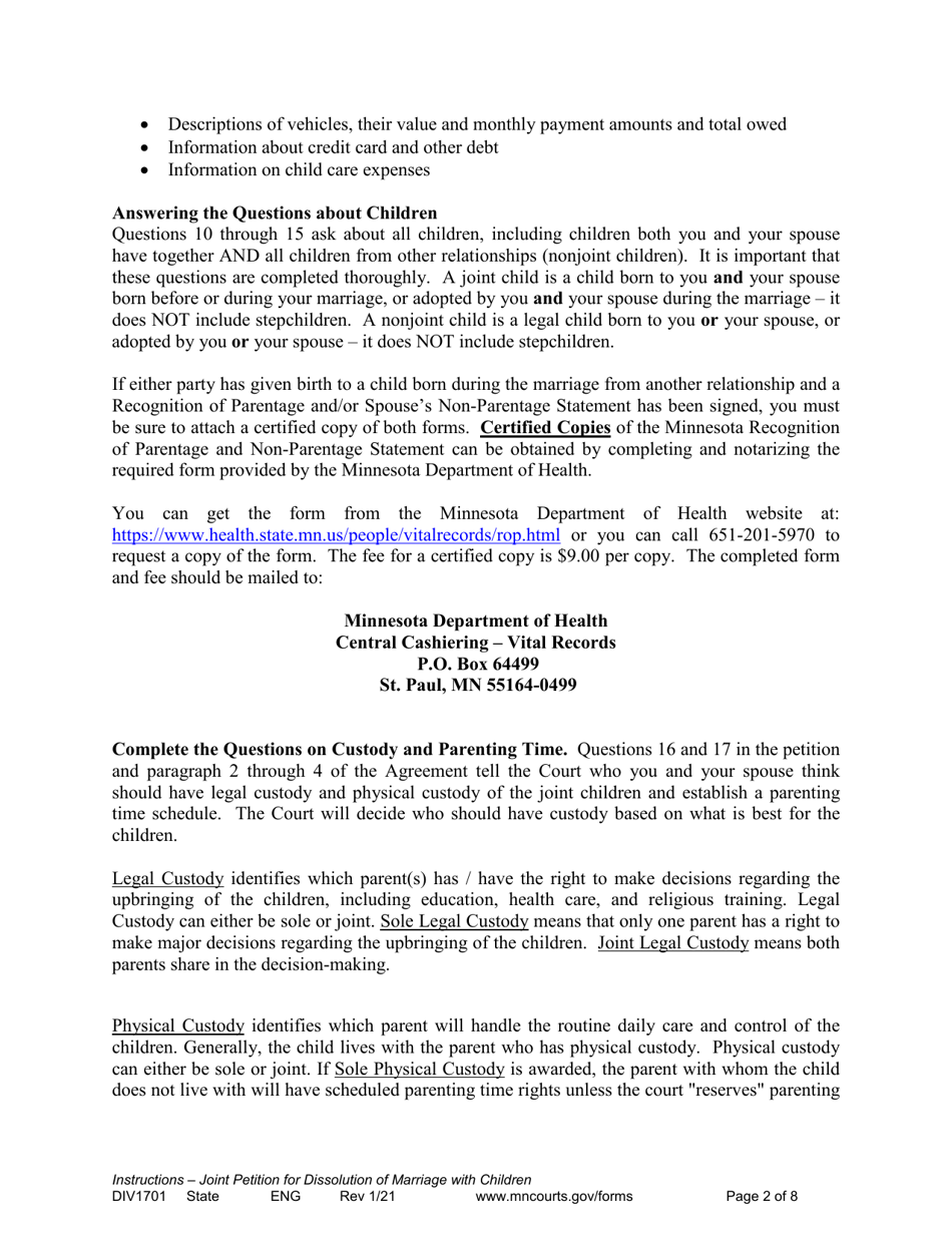 Instructions for Form DIV1702 Joint Petition, Agreement, and Judgment and Decree for Marriage Dissolution With Children - Minnesota, Page 2