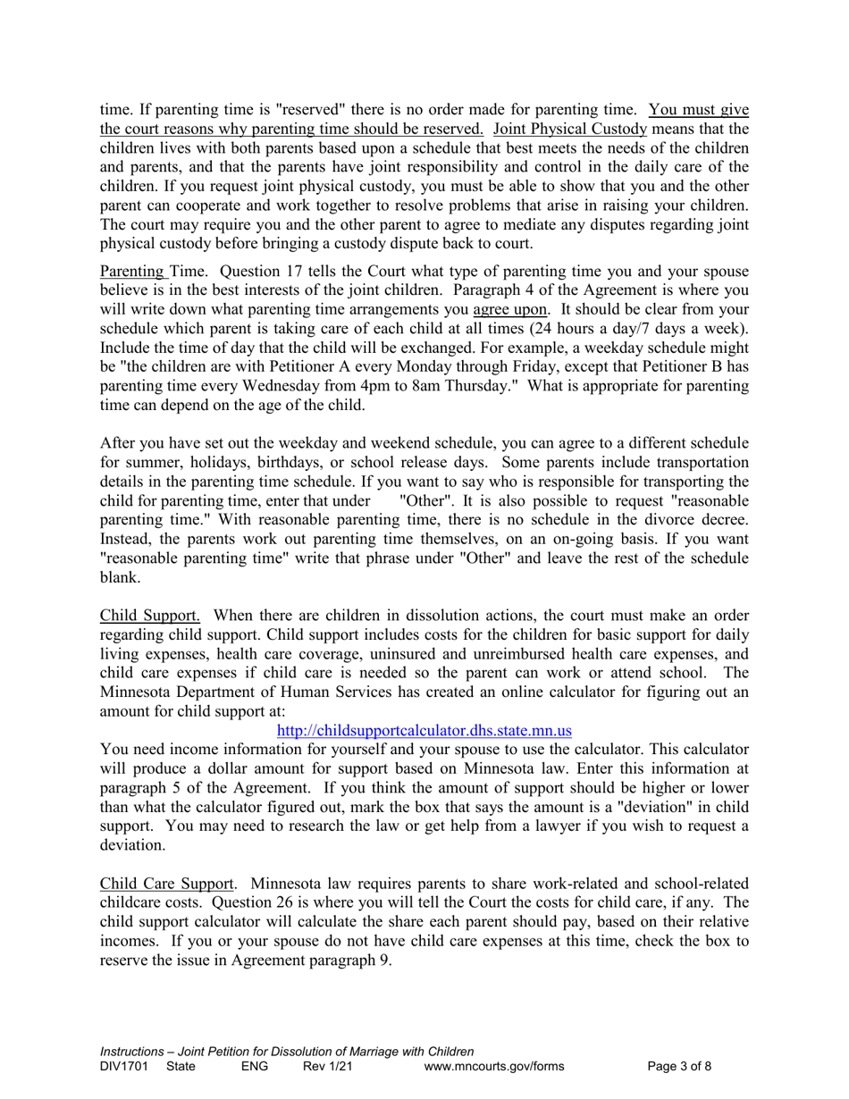 Instructions for Form DIV1702 Joint Petition, Agreement, and Judgment and Decree for Marriage Dissolution With Children - Minnesota, Page 3
