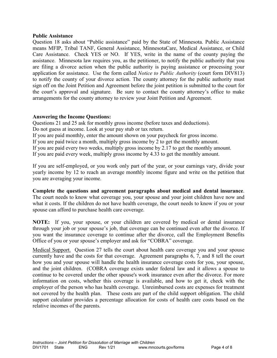 Instructions for Form DIV1702 Joint Petition, Agreement, and Judgment and Decree for Marriage Dissolution With Children - Minnesota, Page 4