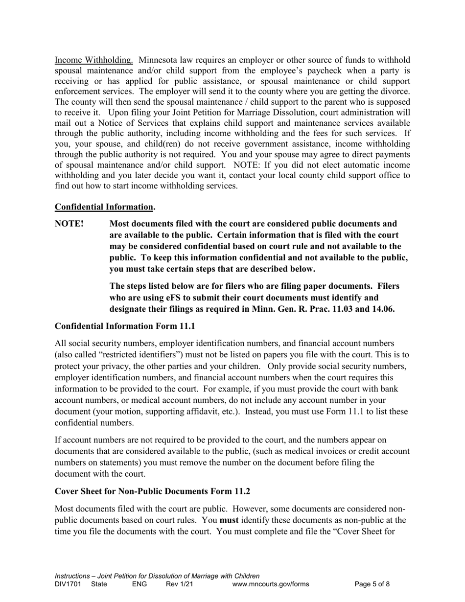 Instructions for Form DIV1702 Joint Petition, Agreement, and Judgment and Decree for Marriage Dissolution With Children - Minnesota, Page 5