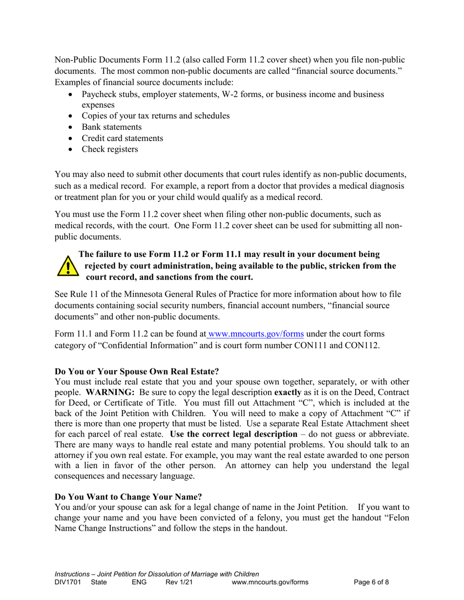 Instructions for Form DIV1702 Joint Petition, Agreement, and Judgment and Decree for Marriage Dissolution With Children - Minnesota, Page 6